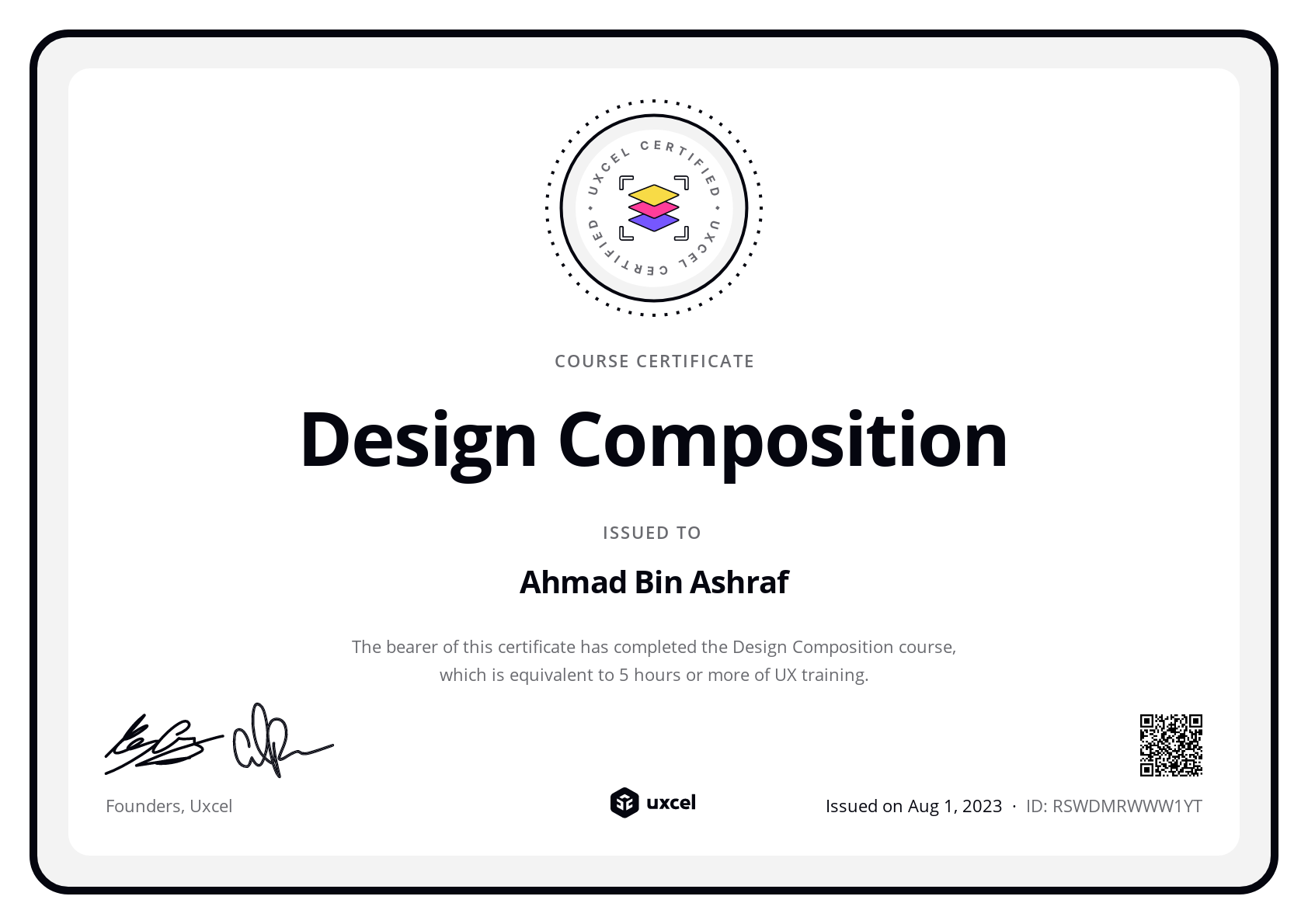 Ahmad Bin Ashraf's certificate